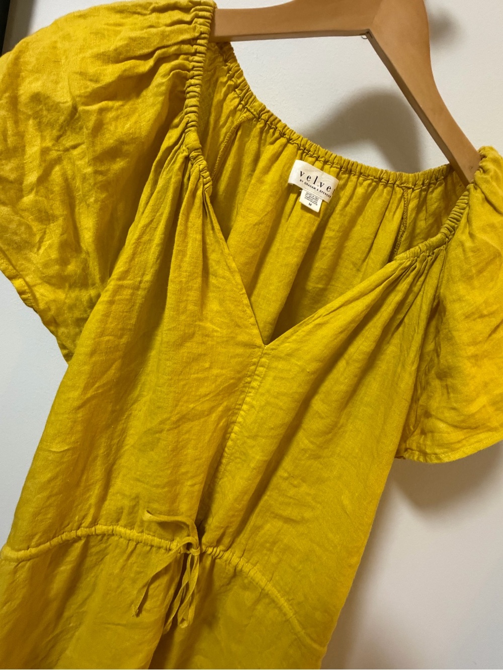 Velvet by Graham & Spencer Mustard Drawstring Linen-Blend Peasant dress